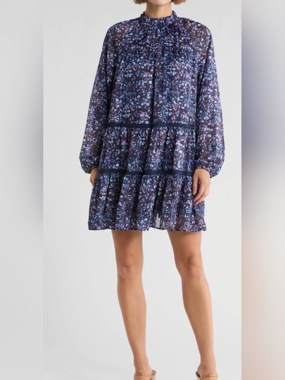 Melrose and Market Floral Print Long-Sleeve Mini Dress in Navy Purple